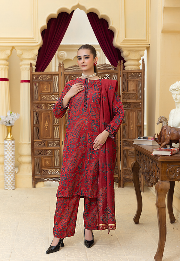 PEK12564-PG725 Stitched 3 PCS Printed Embroidered Khaddar