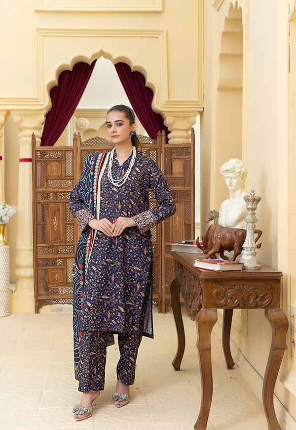 DPK12580-PG725 Stitched 3 PCS Printed Embroidered Khaddar