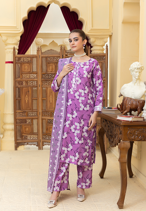 PEK12581-PG725 Stitched 3 PCS Printed Embroidered Khaddar