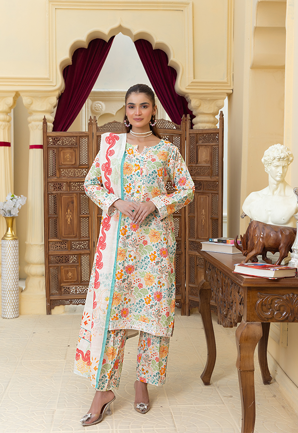 PEK12575-PG725 Stitched 3 PCS Printed Embroidered Khaddar
