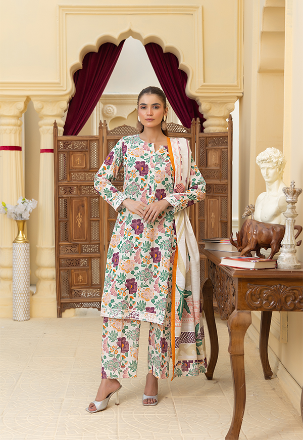 PEK12584-PG725 Stitched 3 PCS Printed Embroidered Khaddar